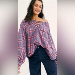 We The Free Women Oversize Plaid Frayed Edged Pleated Balloon Sleeve Top sz XS